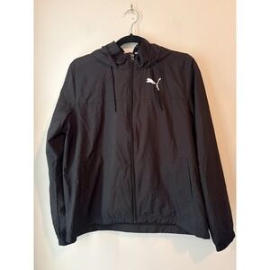 Puma Windbreaker Jacket Womans Medium Black Logo Hooded Mesh Lined‎ Lightweight